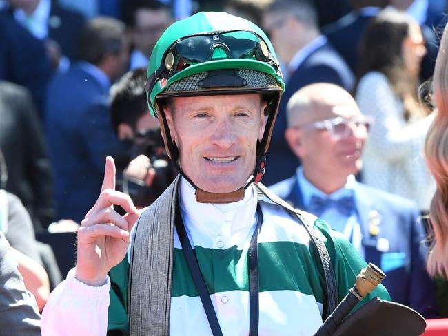 Mark Zahra after winning the Schweppes JRA Cup at Moonee Valley Racecourse on October 26, 2024 in Moonee Ponds, Australia. (Photo by Brett Holburt/Racing Photos via Getty Images)