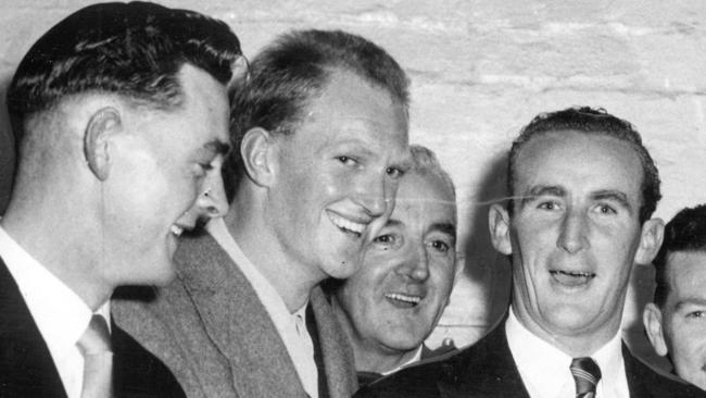 Ballarat’s Ray Murphy (left) with teammates Brian Martyn, John Brady and Les Crane in 1957. Picture: Bob Buchanan.