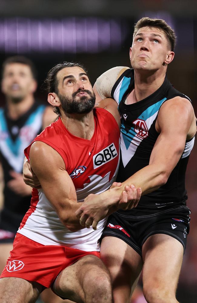 Brodie Grundy‘s role against Darcy Fort will be crucial on Saturday. Picture: Matt King/AFL Photos/Getty Images.