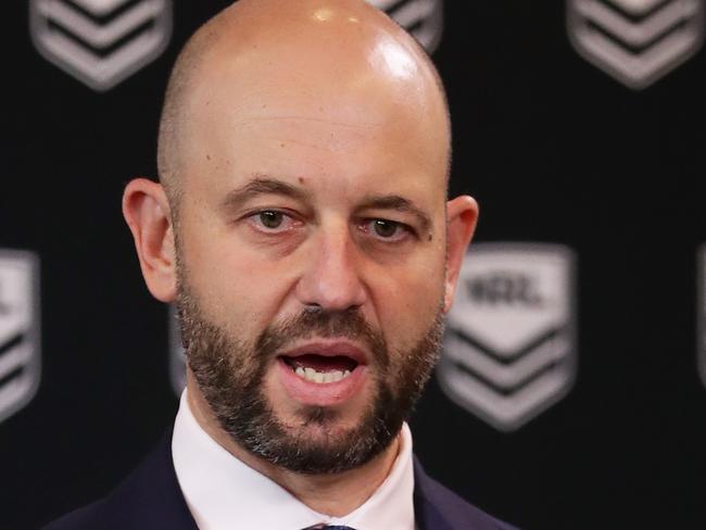 SYDNEY, AUSTRALIA - MARCH 16: NRL CEO Todd Greenberg speaks to the media during a NRL Press Conference at Rugby League Central on March 16, 2020 in Sydney, Australia. The NRL provided an update on their season schedule as it is impacted by the COVID-19 Pandemic. (Photo by Matt King/Getty Images)