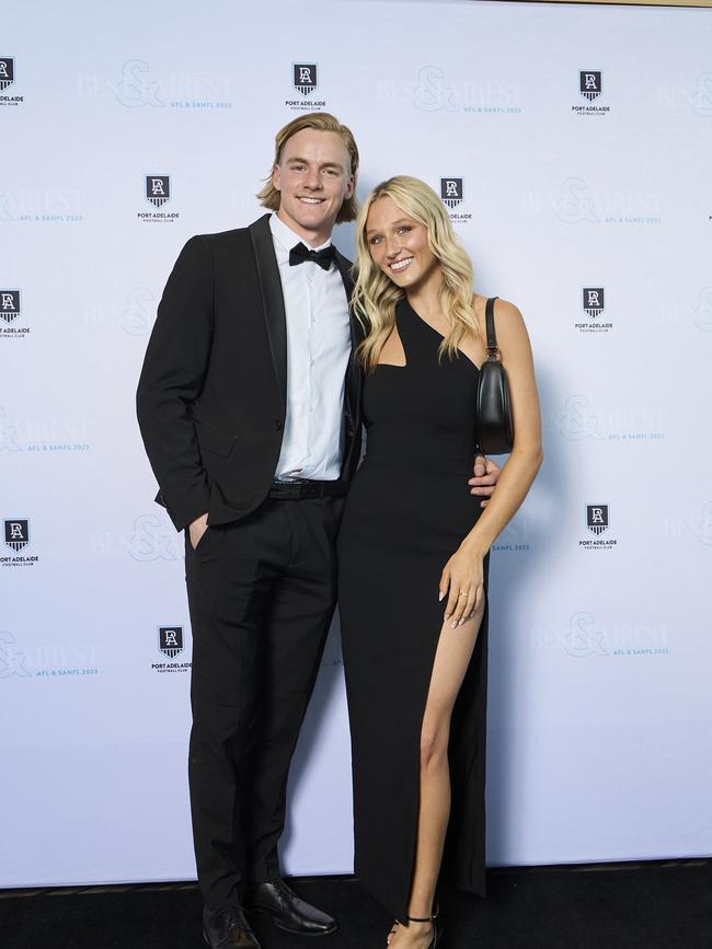 Miles Bergman and Meecah Yates at the Port Adelaide Football Club’s Best and Fairest at the Adelaide Convention Centre. Picture: Matt Loxton