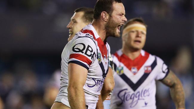 Boyd Cordner celebrates in the Roosters’ clash with the Sharks.