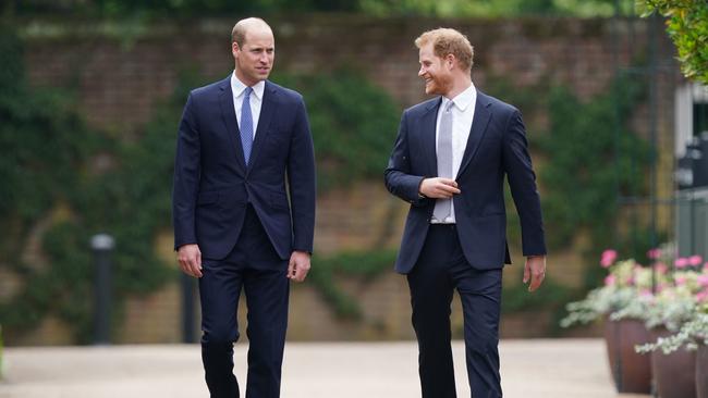 Prince William and Prince Harry arrive for the unveiling of a statue they commissioned of their mother Diana in the Sunken Garden at Kensington Palace. Picture: WPA Pool/Getty Images.