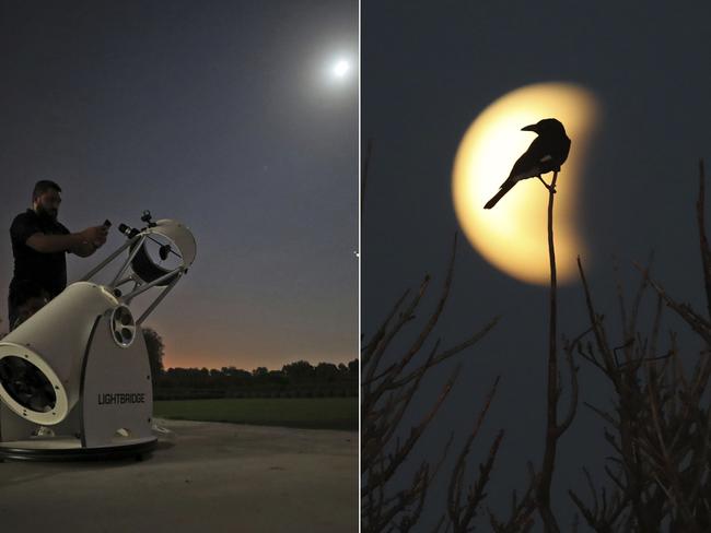 People stand to watch a partial lunar eclipse through a telescope at the Al Thuraya Astronomy Center in Dubai, United Arab Emirates, Tuesday, July 16, 2019. (AP Photo/Kamran Jebreili)