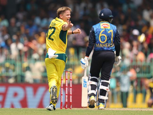 Nathan Ellis celebrates after taking the wicket of Maheesh Theekshana. Picture: Getty Images