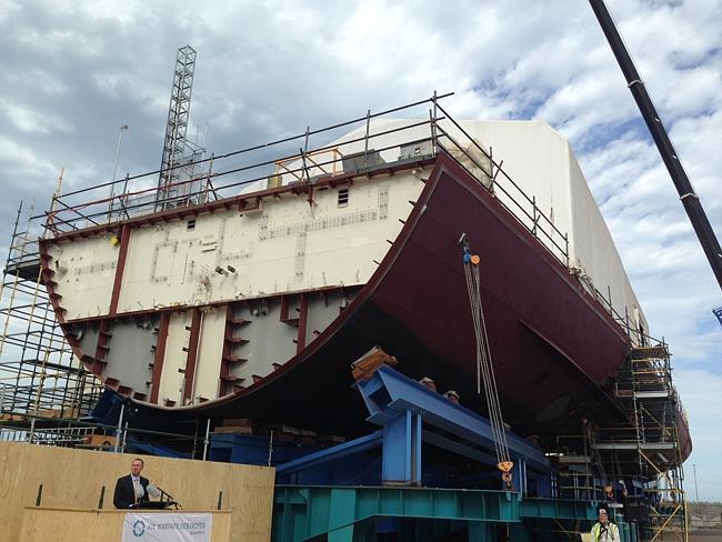 The hull of one of the air warfare destroyers at Techport's facility.