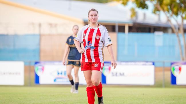 Darwin Olympics' Grace Doughty has been one of the most consistent players in the 2023 NT Football Women's Premier League. Picture: Daniel Abrantes