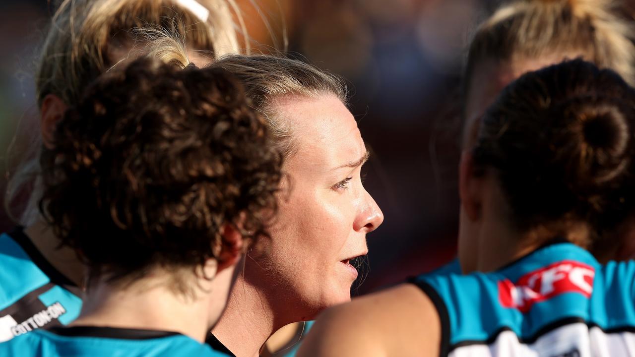 Lauren Arnell is a trailblazer as the first AFLW senior coach to be pregnant in the role. Picture: Sarah Reed/AFL Photos via Getty Images