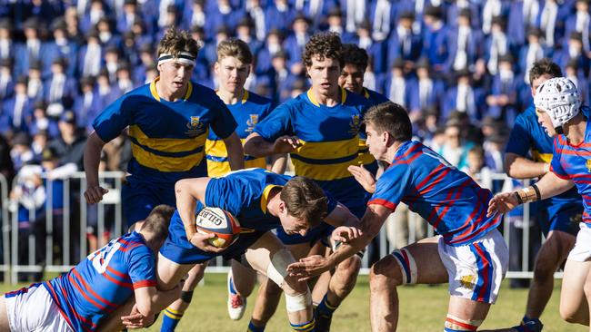 Bud Smith with the ball for Grammar against Downlands in O'Callaghan Cup on Grammar Downlands Day at Downlands College, Saturday, August 6, 2022. Picture: Kevin Farmer