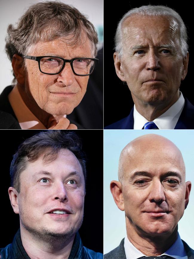 Hacked: (L-R, top to bottom) Microsoft founder Bill Gates, Democratic presidential candidate Joe Biden, SpaceX founder Elon Musk and Jeff Bezos. Picture: AFP