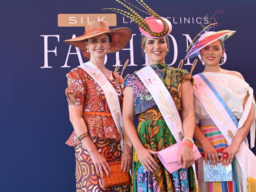 The winners of the 2021 Darwin Cup Fashions on the Field competition: Mietta Russell (Womens' Final), Hannah Burns (Overall Winner) and Jaimee Bruggemann (Millinery Final). Picture: Julianne Osborne