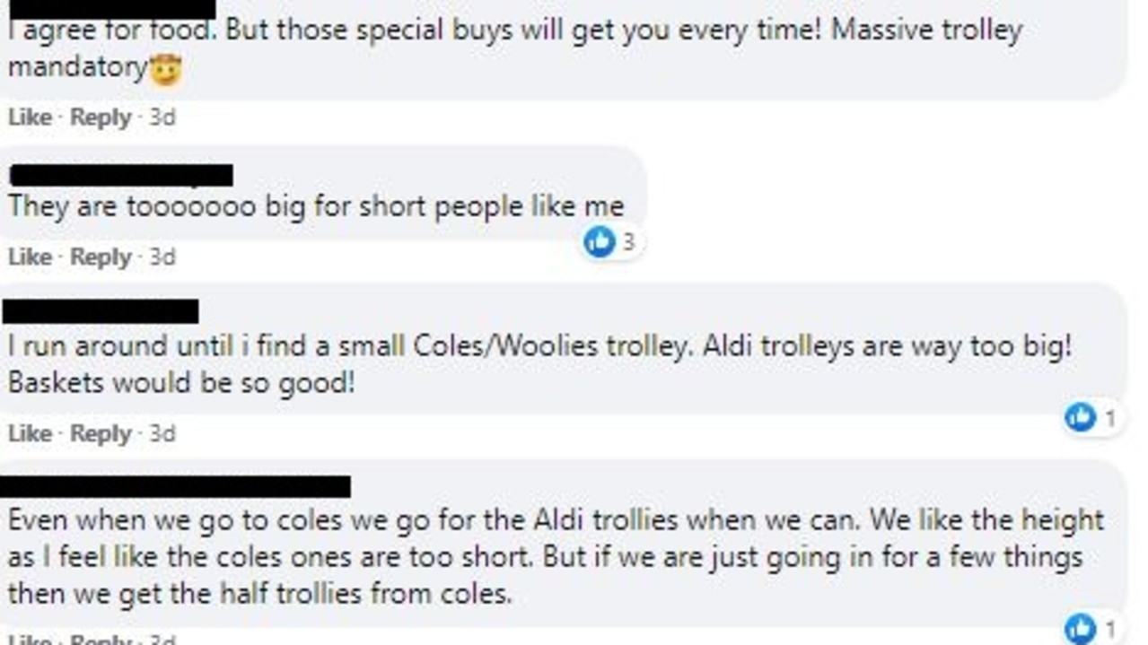 But not everyone agrees, with many defending Aldi’s ‘enormous’ trolleys. Picture: Facebook/AldiFansAustralia