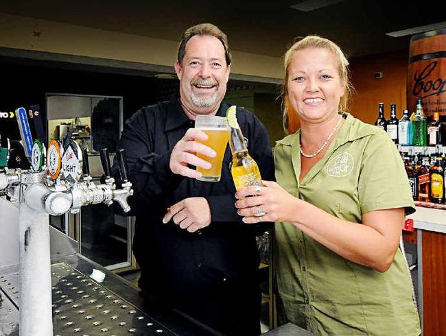 PARTY TIME: Lennox Head Bowling Club general manager Geoff Martin and bar attendant Mara Zvingulis. Picture: Doug Eaton