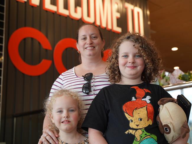 Beaconsfield mum Amy Surman with her daughters Ella, 8, and Alyssa, 4 at the new Andergrove Coles on opening day, Saturday, July 17, 2021. Picture: Heidi Petith