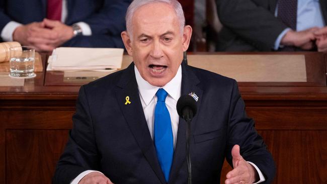 Israeli Prime Minister Benjamin Netanyahu speaks to a joint meeting of Congress at the US Capitol on July 24, 2024, in Washington, DC. (Photo by ROBERTO SCHMIDT / AFP)