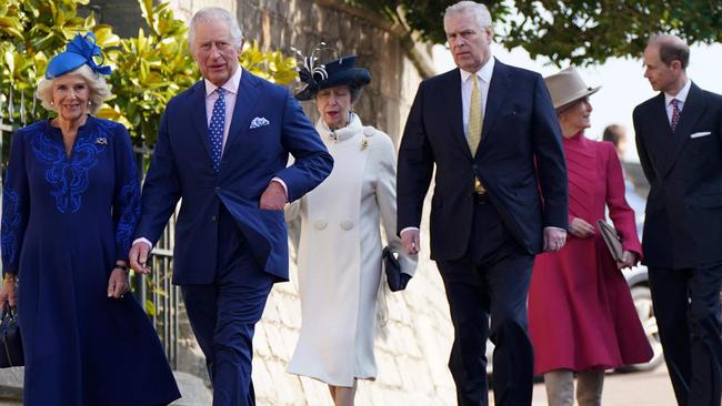 King Charles and Camilla, Queen Consort, walk his siblings Princess Anne, Prince Andrew, Prince Edward (far right) who walks with wife Sophie, Duchess of Edinburgh. Picture: AFP