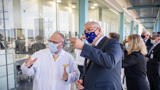 Prime Minister Scott Morrison at the CSL Lab in Melbourne where a COVID-19 vaccine is being produced. Picture: Darrian Traynor /Pool/Getty Images via NCA NewsWire