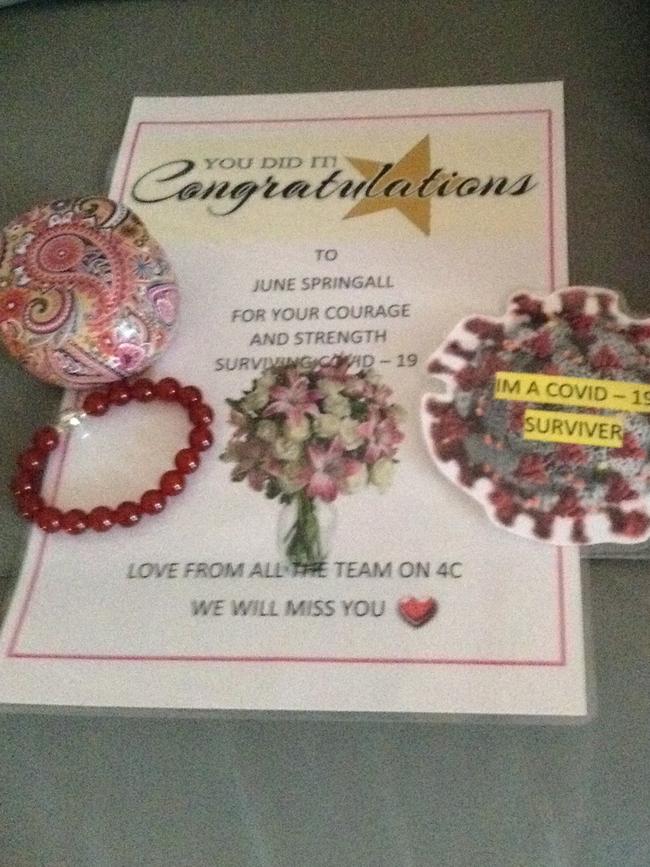 The certificate, badge and bracelet given to June Springall, 84, by the staff at Northern Beaches Hospital for winning her battle against coronavirus. Picture: June Springall