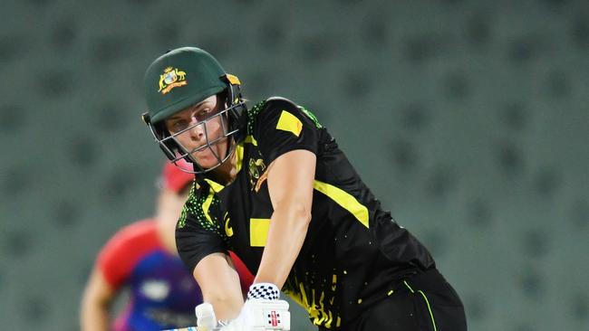 ADELAIDE, AUSTRALIA – JANUARY 20: Tahlia McGrath of Australia bats during the First T20 International Match in the Ashes Series between Australia and England at Adelaide Oval on January 20, 2022 in Adelaide, Australia. (Photo by Mark Brake/Getty Images)