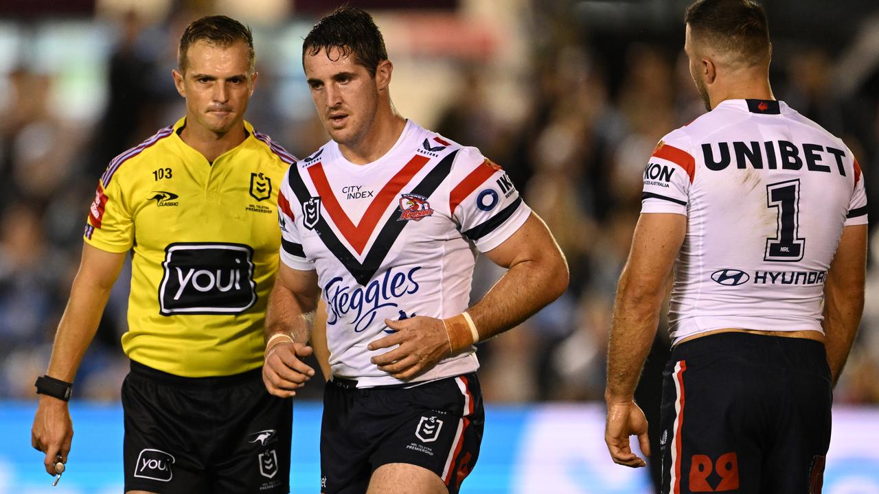 Roosters forward Nat Butcher is sent to the sin bin. Picture: NRL Photos