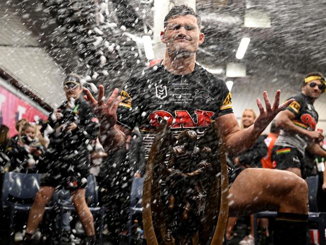 ** MUST CREDIT NRL PHOTOS**  Nathan Cleary celebrates winning the NRL -Grand Final Penrith Panthers vs Parramatta Eels final at Accor Stadium .Picture: NRL Photos