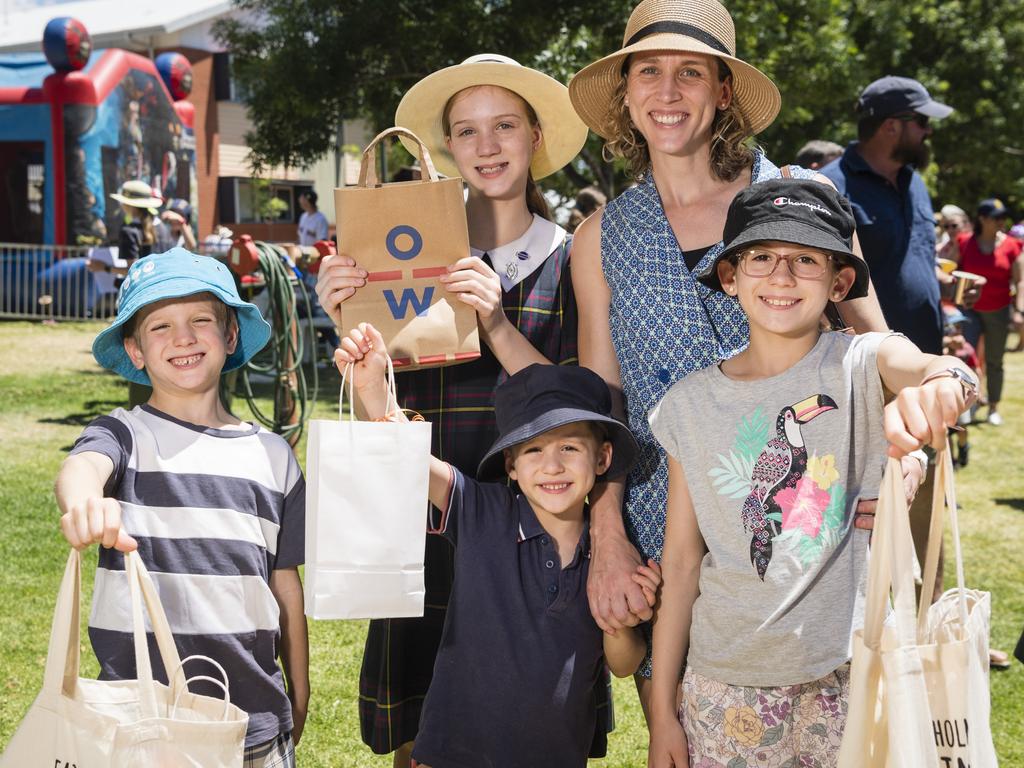 The Barton family members (from left) Alex, Hannah, Judah, Aleesa and Lucy Barton with their show bags at the Fairholme College Spring Fair, Saturday, October 21, 2023. Picture: Kevin Farmer