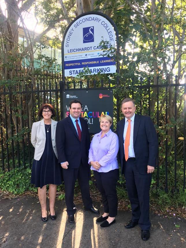 WestConnex Minister Stuart Ayres (second from left) met with Federal Labor MP for Grayndler Anthony Albanese (right), Sydney Secondary College principal Judy Kelly (left) and Leichhardt Campus principal Melinda Bright (second from left) to advise them that a WestConnex construction tunnel will not be built next to the school.