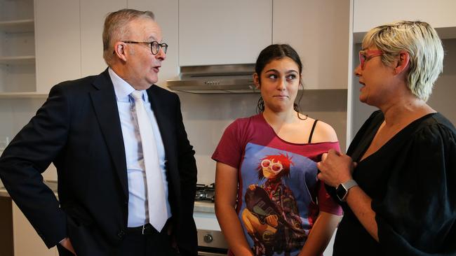 Anthony Albanese speaking with residents Sofia Terron and Lucie Browne as he opened a social and affordable housing development in Sydney’s Marrickville on Wednesday. Picture: Gaye Gerard/NewsWire