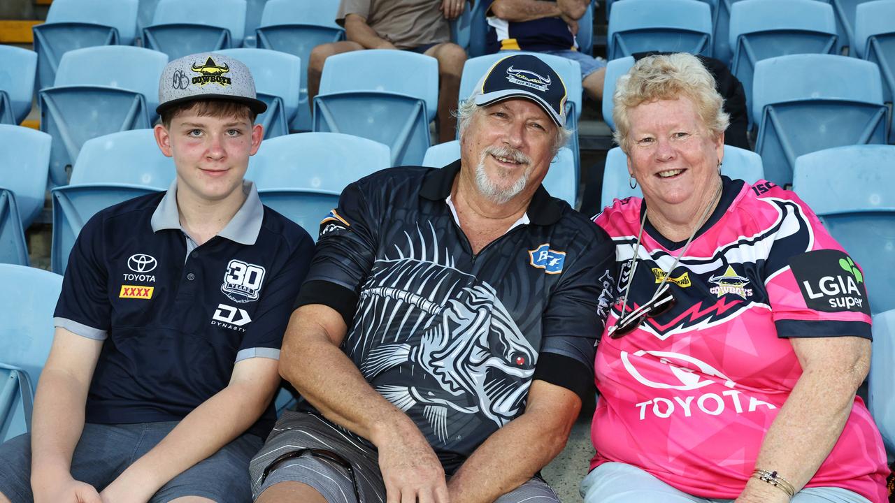 Jacob Fraser, Paddy Bass and Helen Bass at the NRL preseason match between the North Queensland Cowboys and the Dolphins, held at Barlow Park. Picture: Brendan Radke