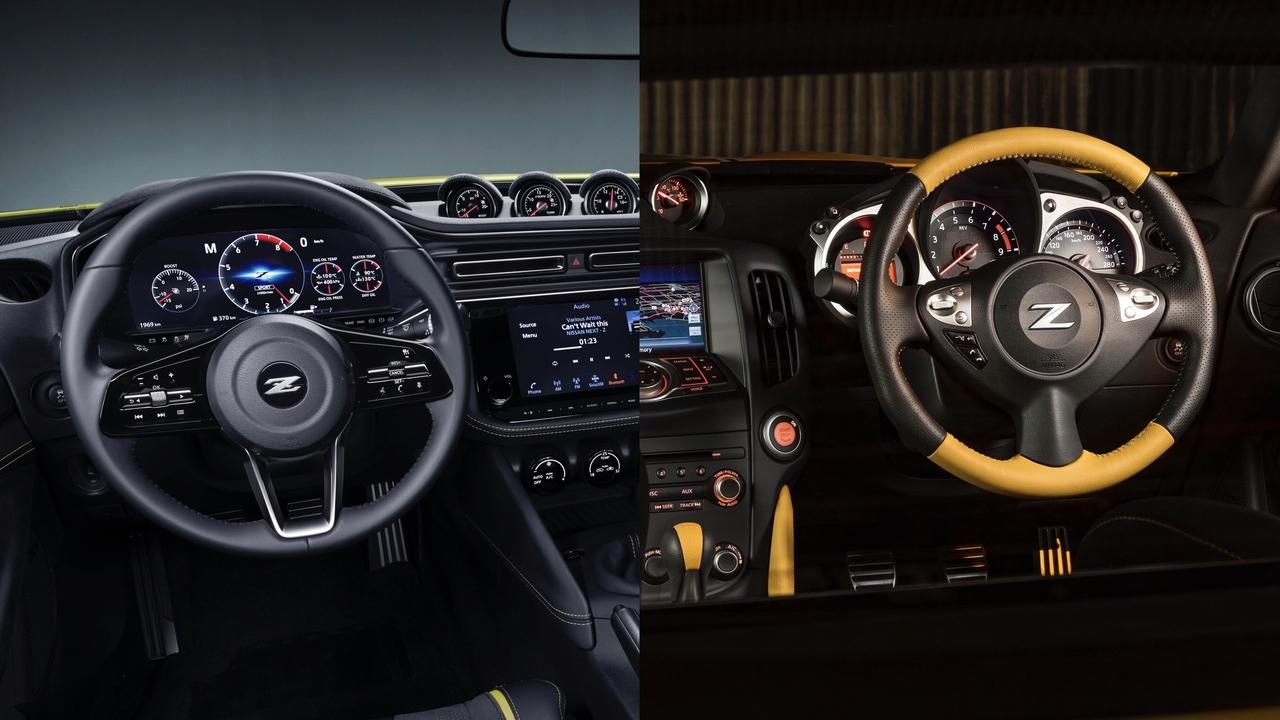 The new Z Proto cabin (left) is based on the older 370Z (right).