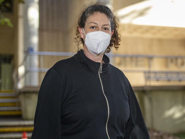 Karen Fitz-Gibbon leaves the Surry Hills Police Station in Sydney after she was granted bail on April 14. Picture: Christian Gilles.