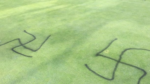 Vandals have sprayed anti-Semitic graffiti on Cranbourne Golf Club’s fourth green. Picture: Anti-Defamation Commission