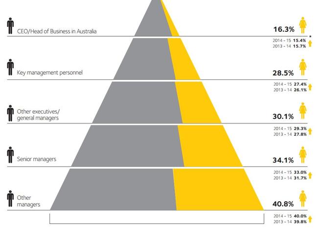 Australia’s triangle of shame: Women make up only 37.4 per cent of all management positions, and only 16.3 per cent at the top level. Picture: WGEA