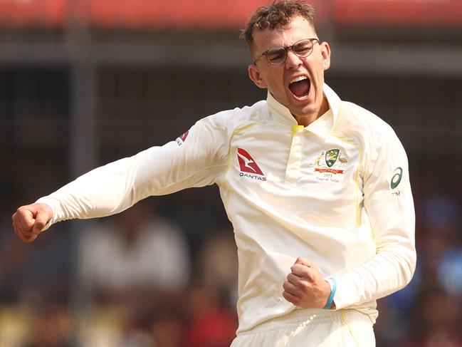 INDORE, INDIA - MARCH 01: Todd Murphy of Australia celebrates taking the wicket of Virat Kohli of India during day one of the Third Test match in the series between India and Australia at Holkare Cricket Stadium on March 01, 2023 in Indore, India. (Photo by Robert Cianflone/Getty Images)