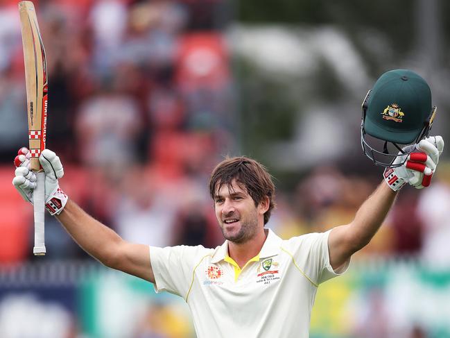 Joe Burns celebrates reaching his century, against Sri Lanka, in his most recent Test. Picture. Phil Hillyard