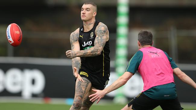 Dustin Martin hits the track for day one of pre-season training. Picture: Michael Klein