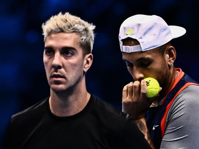 Australia's Nick Kyrgios (R) and Australia's Thanasi Kokkinakis react during their men's double round-robin match against Britain's Neal Skupski and The Netherlands Wesley Koolhof at the ATP Finals tennis tournament on November 14, 2022 in Turin. (Photo by Marco BERTORELLO / AFP)