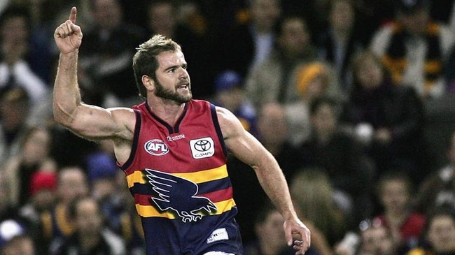 Mark Ricciuto celebrates a goal for the Adelaide Crows in 2005. He has called on the AFL to investigate umpire Troy Pannell who was accused of bias against the Crows in 2016. Picture: Mark Dadswell/Getty Images