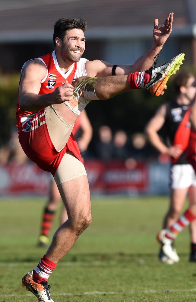 Chris Dawes launches a shot at goal for Sorrento. Picture: AAP/ Chris Eastman