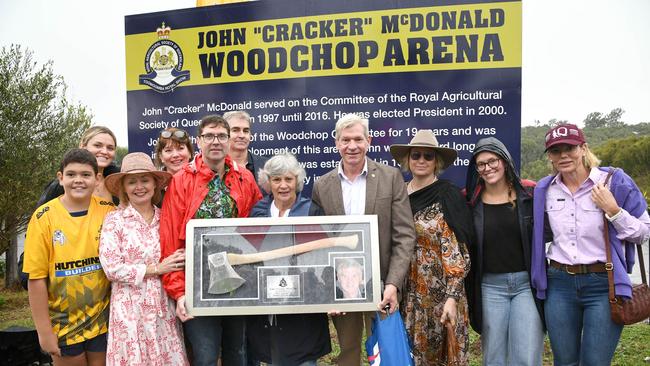 The family of John "Cracker" McDonald following the official unveiling of the Woodchop Arena in memory of John "Cracker" McDonald took place during woodchop events on Saturday and included unveiling of the "Memorial Silver Axe 300mm standing block, Queensland Championship" trophy. Heritage Bank Toowoomba Royal Show. Saturday April 20th, 2024 Picture: Bev Lacey