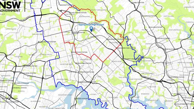 Epping Boys High School enrolment map now (blue) and for 2018 (red).