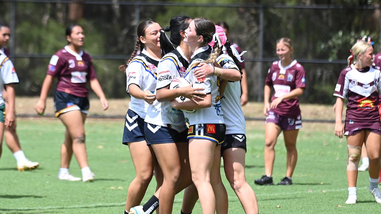 South Logan celebrate a try in the Girls U17s between South Logan and Burleigh Bears. Saturday January 25, 2025. Picture, John Gass