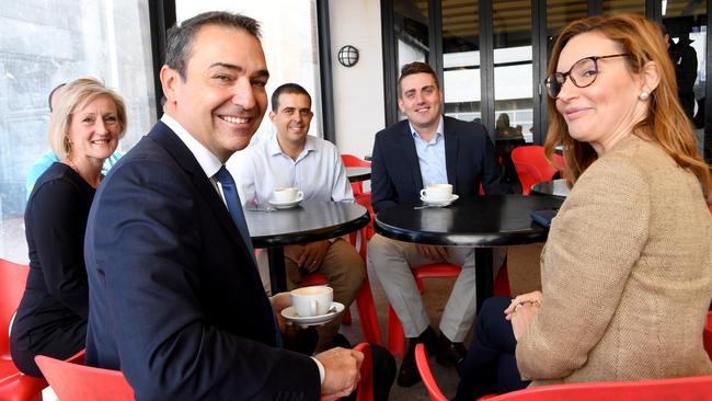 SA's Premier-elect Steven Marshall at Henley Square with Paula Leuthen, Richard Harvey, Matt Cowdrey and Carolyn Habib. Picture: Tricia Watkinson