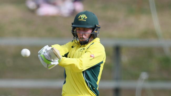 Australia's Mackenzie Harvey hits a four during the One-Day Tour Match between Cricket Australia XI and England in January. Pic: AAP