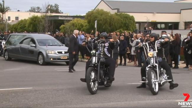 A final ride as hundreds turn out to farewell a senior Rebels bikie boss, 38-year-old Shane Smith has been laid to rest after he was killed in a motorbike crash at Redwood Park., Picture: 7NEWS