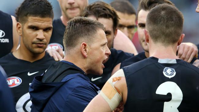 Carlton coach Brendon Bolton tries to get his message across at three-quarter time. Pic: Michael Klein