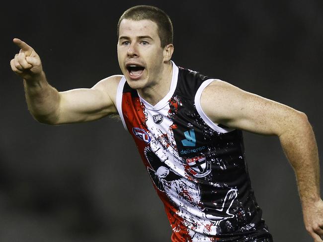 MELBOURNE, AUSTRALIA - MAY 29: Jack Higgins of the Saints celebrates a goal during the round 11 AFL match between the St Kilda Saints and the North Melbourne Kangaroos at Marvel Stadium on May 29, 2021 in Melbourne, Australia. (Photo by Daniel Pockett/AFL Photos/via Getty Images )