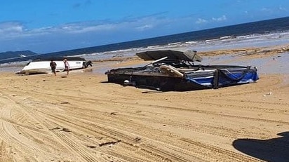 Flood debris, including pontoons and boats dragged away dragged away in the February 2022 floods have started washing up on beaches along the southeast Queensland coast. This pontoon and boat washed ashore on Tuesday or Wednesday on Moreton Island. Picture: The Ice Man/facebook.com/TeewahBeach