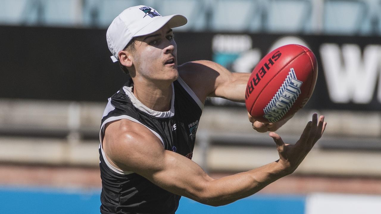 Connor Rozee during Port Adelaide training at Alberton Oval. Picture Simon Cross