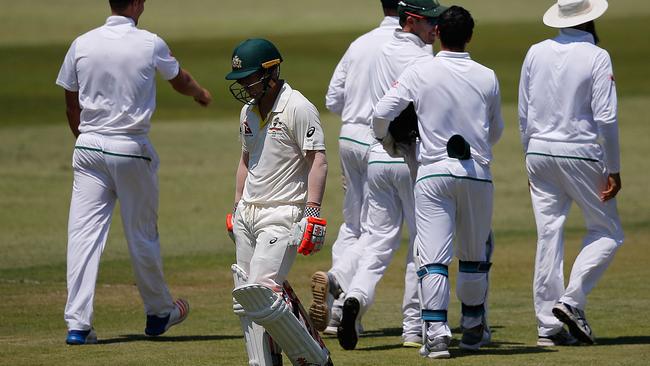 David Warner leaves the ground after being dismissed by Vernon Philander. Picture: AFP.